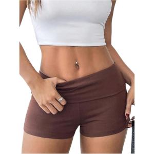 imageSOLY HUX Womens Low Elastic Waist Micro Shorts Fold Over Skinny Athletic Workout ShortsSolid Chocolate Brown
