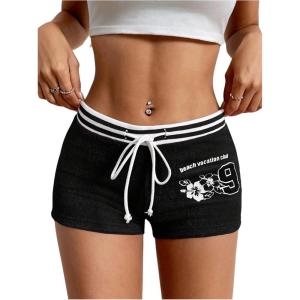 imageSOLY HUX Womens Y2k Skinny Shorts Drawstring Waist Graphic Print Casual Summer Mini ShortsBlack Printed