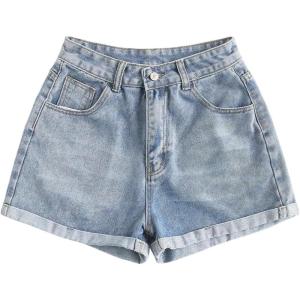 imageSOLY HUX Womens Summer Denim Shorts High Waisted Button Casual Straight Leg Jeans ShortsPlain Light Blue