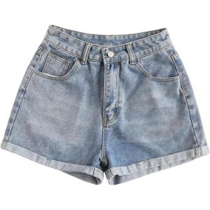 imageSOLY HUX Womens Summer Denim Shorts High Waisted Button Casual Straight Leg Jeans ShortsPure Blue
