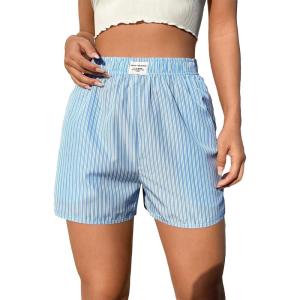 imageSOLY HUX Womens Y2K Striped Boxer Shorts Elastic High Waisted Straight Leg Workout Gym ShortsBlue Letter