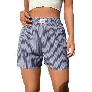 imageSOLY HUX Womens Y2K Striped Boxer Shorts Elastic High Waisted Straight Leg Workout Gym ShortsNavy Blue Letter
