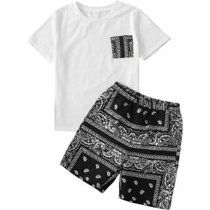 imageSOLY HUX Boys Boho Paisley Print Short Sleeve T Shirt and Shorts Set 2 Piece OutfitsBlack and White Paisley
