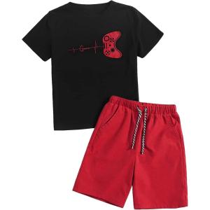 imageSOLY HUX Boys Letter Graphic Short Sleeve Tee Shirt and Drawstring Waist Shorts Set 2 Piece OutfitBlack and Red