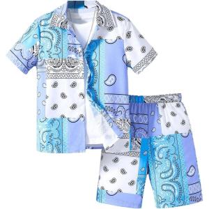 imageSOLY HUX Boys Summer 2 Piece Outfits Boho Paisley Print Short Sleeve Button Down Shirt and Shorts SetBlue and White Paisley