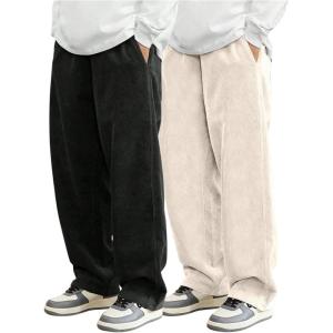 imageSOLY HUX Mens 2 Piece Corduroy Pants Drawstring Elastic Waist Straight Leg Baggy Pants with PocketsBlack Beige
