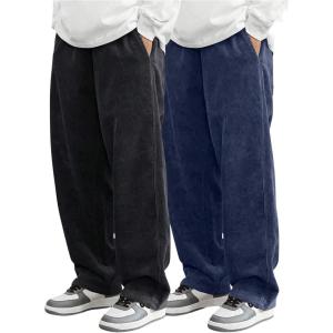imageSOLY HUX Mens 2 Piece Corduroy Pants Drawstring Elastic Waist Straight Leg Baggy Pants with PocketsBlack and Dark Blue
