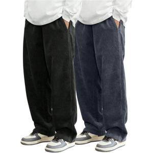 imageSOLY HUX Mens 2 Piece Corduroy Pants Drawstring Elastic Waist Straight Leg Baggy Pants with PocketsBlack and Dark Grey
