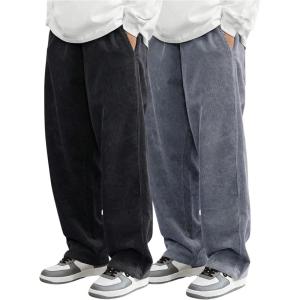 imageSOLY HUX Mens 2 Piece Corduroy Pants Drawstring Elastic Waist Straight Leg Baggy Pants with PocketsBlack and Grey