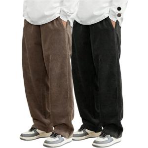 imageSOLY HUX Mens 2 Piece Corduroy Pants Drawstring Elastic Waist Straight Leg Baggy Pants with PocketsBrown and Black