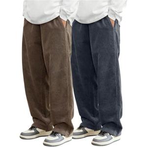 imageSOLY HUX Mens 2 Piece Corduroy Pants Drawstring Elastic Waist Straight Leg Baggy Pants with PocketsBrown and Dark Grey