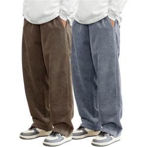 imageSOLY HUX Mens 2 Piece Corduroy Pants Drawstring Elastic Waist Straight Leg Baggy Pants with PocketsBrown and Grey