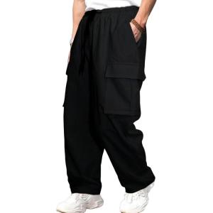 imageSOLY HUX Mens Cargo Pants Drawstring Elastic Waist Baggy Pants with PocketsPlain Black