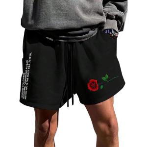 imageSOLY HUX Mens Graphic Sweat Shorts Floral Letter Print Drawstring Waist Track Shorts with PocketBlack Graphic