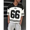 imageSOLY HUX Mens Jersey Shirts Number Graphic V Neck Drop Shoulder Short Sleeve Loose Streetwear Tee TopsWhite Letter