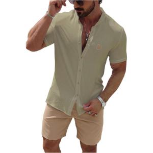 imageSOLY HUX Mens Casual Tracksuit Button Down Shirt and Drawstring Waist Short Sets Summer 2 Piece OutfitsGreen and Khaki