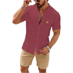 imageSOLY HUX Mens Casual Tracksuit Button Down Shirt and Drawstring Waist Short Sets Summer 2 Piece OutfitsHot Pink and Khaki