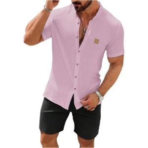 imageSOLY HUX Mens Casual Tracksuit Button Down Shirt and Drawstring Waist Short Sets Summer 2 Piece OutfitsPink and Black