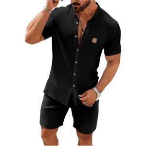 imageSOLY HUX Mens Casual Tracksuit Button Down Shirt and Drawstring Waist Short Sets Summer 2 Piece OutfitsSolid Black