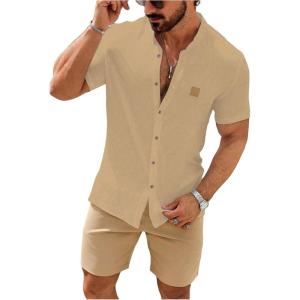 imageSOLY HUX Mens Casual Tracksuit Button Down Shirt and Drawstring Waist Short Sets Summer 2 Piece OutfitsSolid Khaki