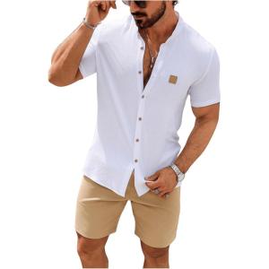 imageSOLY HUX Mens Casual Tracksuit Button Down Shirt and Drawstring Waist Short Sets Summer 2 Piece OutfitsWhite and Khaki