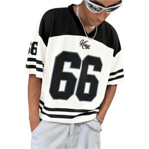 imageSOLY HUX Mens Jersey Shirts Number Graphic V Neck Drop Shoulder Short Sleeve Loose Streetwear Tee TopsWhite Letter