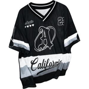 imageSOLY HUX Mens Y2k Jersey Shirts Mesh Letter Graphic Tees V Neck Short Sleeve T Shirt Loose TopsBlack and White Letter