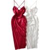 imageSOLY HUX Womens Plus Size Nightgown 2 Piece Satin Lace Split Slip Cami Dress Nightdress SleepwearBurgundy and White