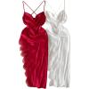 imageSOLY HUX Womens Plus Size Nightgown 2 Piece Satin Lace Split Slip Cami Dress Nightdress SleepwearBurgundy and White