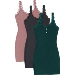 imageSOLY HUX Womens 3 Packs Nightgowns Soft Sexy Lace Trim Sleep Dress Chemise Pajamas Sleepwear Cami Mini Slip DressesGreen Grey Pink