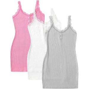 imageSOLY HUX Womens 3 Packs Nightgowns Soft Sexy Lace Trim Sleep Dress Chemise Pajamas Sleepwear Cami Mini Slip DressesPink White Grey
