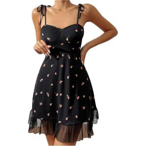 imageSOLY HUX Womens Floral Print Nightgown Tie Shoulder Spaghetti Strap Ruffle Hem Cami Slip Dress NightdressBlack Floral