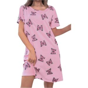 imageSOLY HUX Womens Nightgown Butterfly Print Sleep Shirt Dress Short Sleeve Crewneck Summer NightdressPink Butterfly