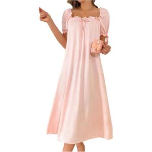 imageSOLY HUX Womens Nightgowns Square Neck Short Sleeve Long Sleep Dress Soft Comfy SleepwearPure Pink