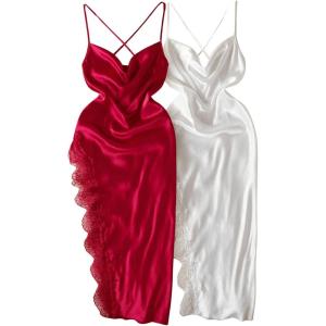 imageSOLY HUX Womens Plus Size Nightgown 2 Piece Satin Lace Split Slip Cami Dress Nightdress SleepwearBurgundy and White