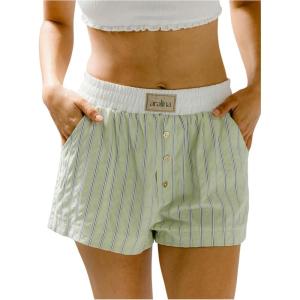imageSOLY HUX Womens Striped Sleep Shorts Elastic Waist Button Pajama Bottoms Lounge Shorts with PocketsGreen Striped