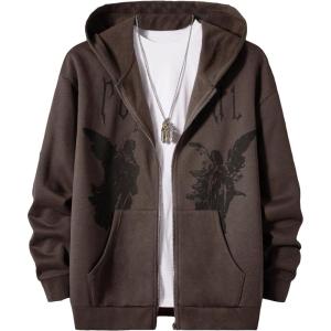 imageSOLY HUX Mens Graphic Zip Up Hoodies Streetwear Jacket Letter Print Long Sleeve Sweatshirt with PocketChocolate Brown Figure