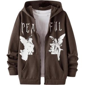 imageSOLY HUX Mens Graphic Zip Up Hoodies Streetwear Jacket Letter Print Long Sleeve Sweatshirt with PocketCoffee Brown Letter