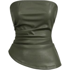 imageSOLY HUX Womens PU Leather Tube Top Strapless Ruched Asymmetrical Bandeau Tops Rave Concert OutfitArmy Green