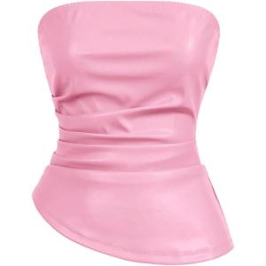 imageSOLY HUX Womens PU Leather Tube Top Strapless Ruched Asymmetrical Bandeau Tops Rave Concert OutfitLight Pink
