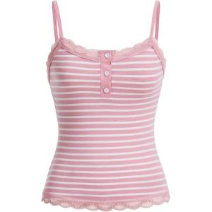 imageSOLY HUX Womens Striped Lace Trim Cami Crop Top Button Front Spaghetti Strap Y2k TopsPink Striped