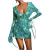 imageSOLY HUX Womens Tie Dye Mesh Sheer Cover Up Tie Backless Deep V Neck Long Sleeve Ruffle Beach DressDark Green Tie Dye
