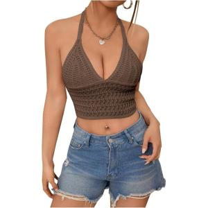 imageSOLY HUX Womens Crochet Halter Tops Summer Y2K Cute Crop Tops Sexy Knitted Sleeveless CamisoleDark Brown