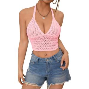 imageSOLY HUX Womens Crochet Halter Tops Summer Y2K Cute Crop Tops Sexy Knitted Sleeveless CamisoleLight Pink