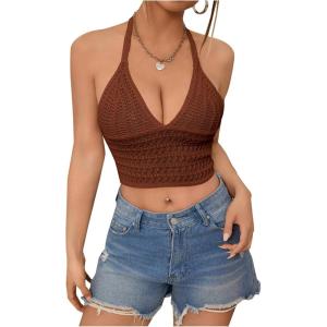 imageSOLY HUX Womens Crochet Halter Tops Summer Y2K Cute Crop Tops Sexy Knitted Sleeveless CamisoleRust Brown