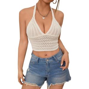 imageSOLY HUX Womens Crochet Halter Tops Summer Y2K Cute Crop Tops Sexy Knitted Sleeveless CamisoleSolid White