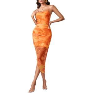 imageSOLY HUX Womens Tie Dye Cowl Neck Split Hem Bodycon Cami Dress Backless Long DressesOrange Floral