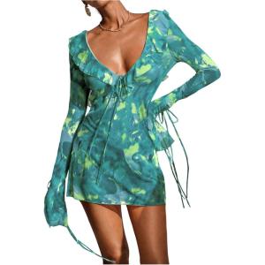 imageSOLY HUX Womens Tie Dye Mesh Sheer Cover Up Tie Backless Deep V Neck Long Sleeve Ruffle Beach DressDark Green Tie Dye