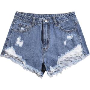 imageSOLY HUX Womens Ripped Raw Hem Jean Shorts High Waisted Straight Leg Denim Shorts StreetwearSolid Dark Blue