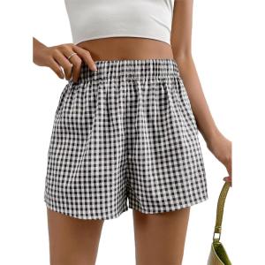 imageSOLY HUX Womens Y2K Striped Boxer Shorts Elastic High Waisted Straight Leg Workout Gym ShortsBlack Plaid